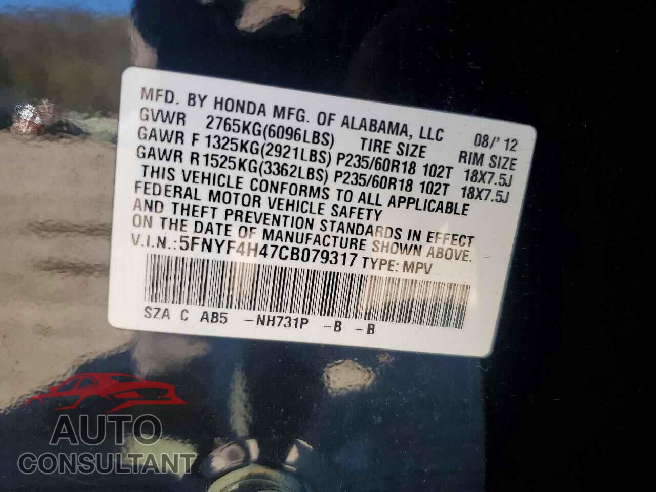 HONDA PILOT 2012 - 5FNYF4H47CB079317