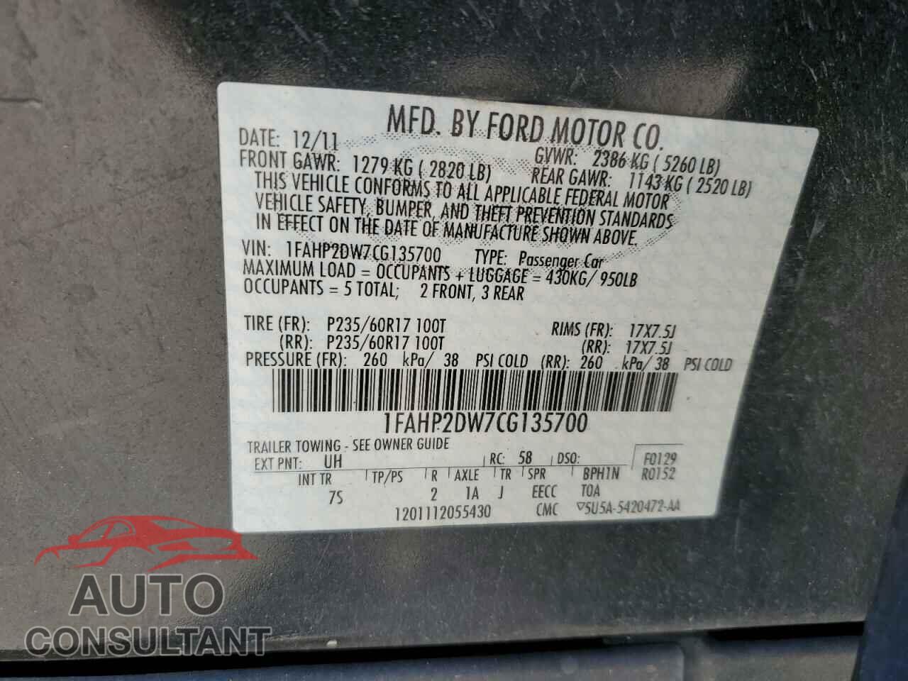 FORD TAURUS 2012 - 1FAHP2DW7CG135700