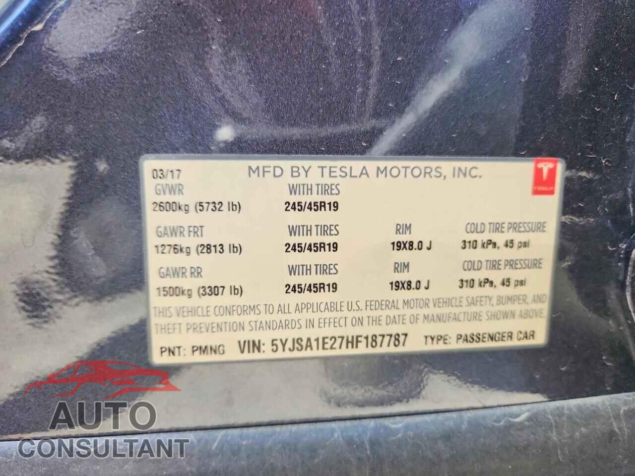 TESLA MODEL S 2017 - 5YJSA1E27HF187787