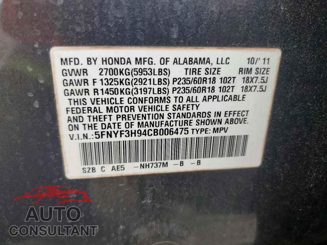 HONDA PILOT 2012 - 5FNYF3H94CB006475