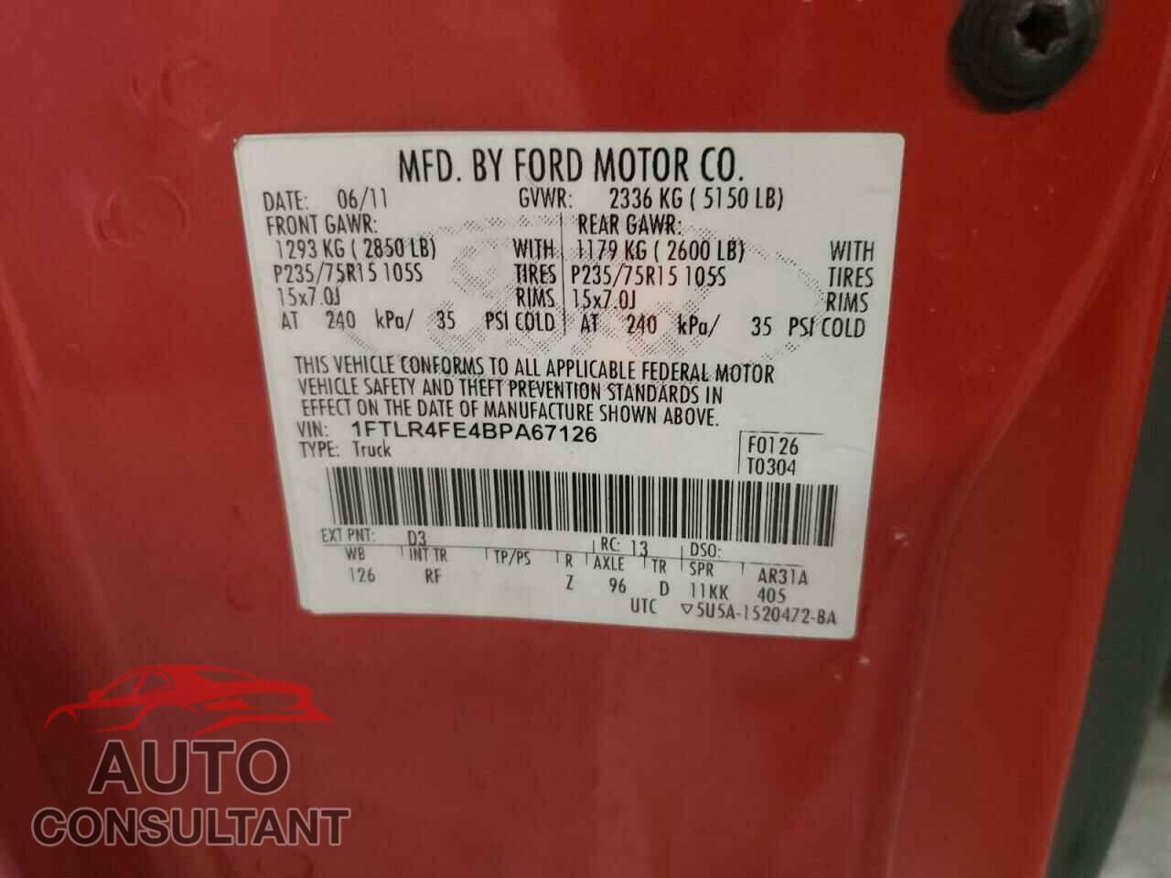 FORD RANGER 2011 - 1FTLR4FE4BPA67126