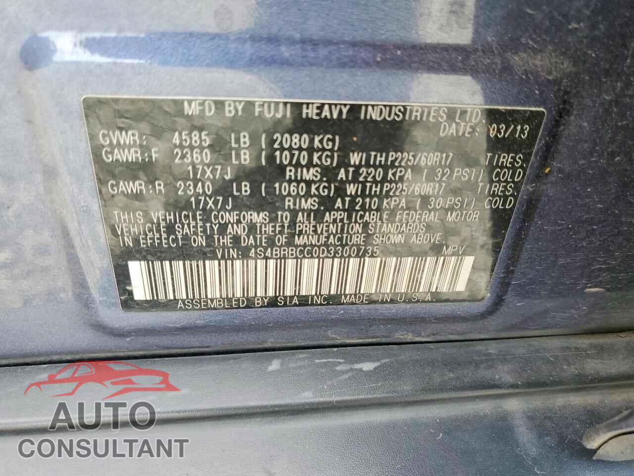 SUBARU OUTBACK 2013 - 4S4BRBCC0D3300735