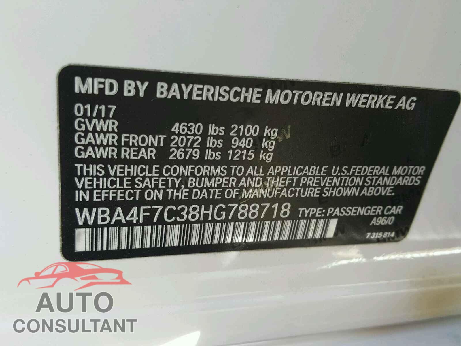 BMW 4 SERIES 2017 - WBA4F7C38HG788718