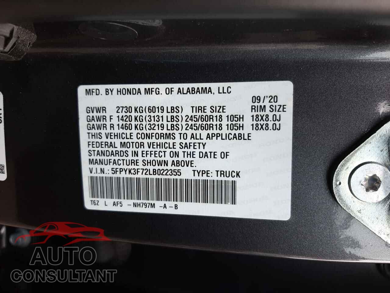 HONDA RIDGELINE 2020 - 5FPYK3F72LB022355