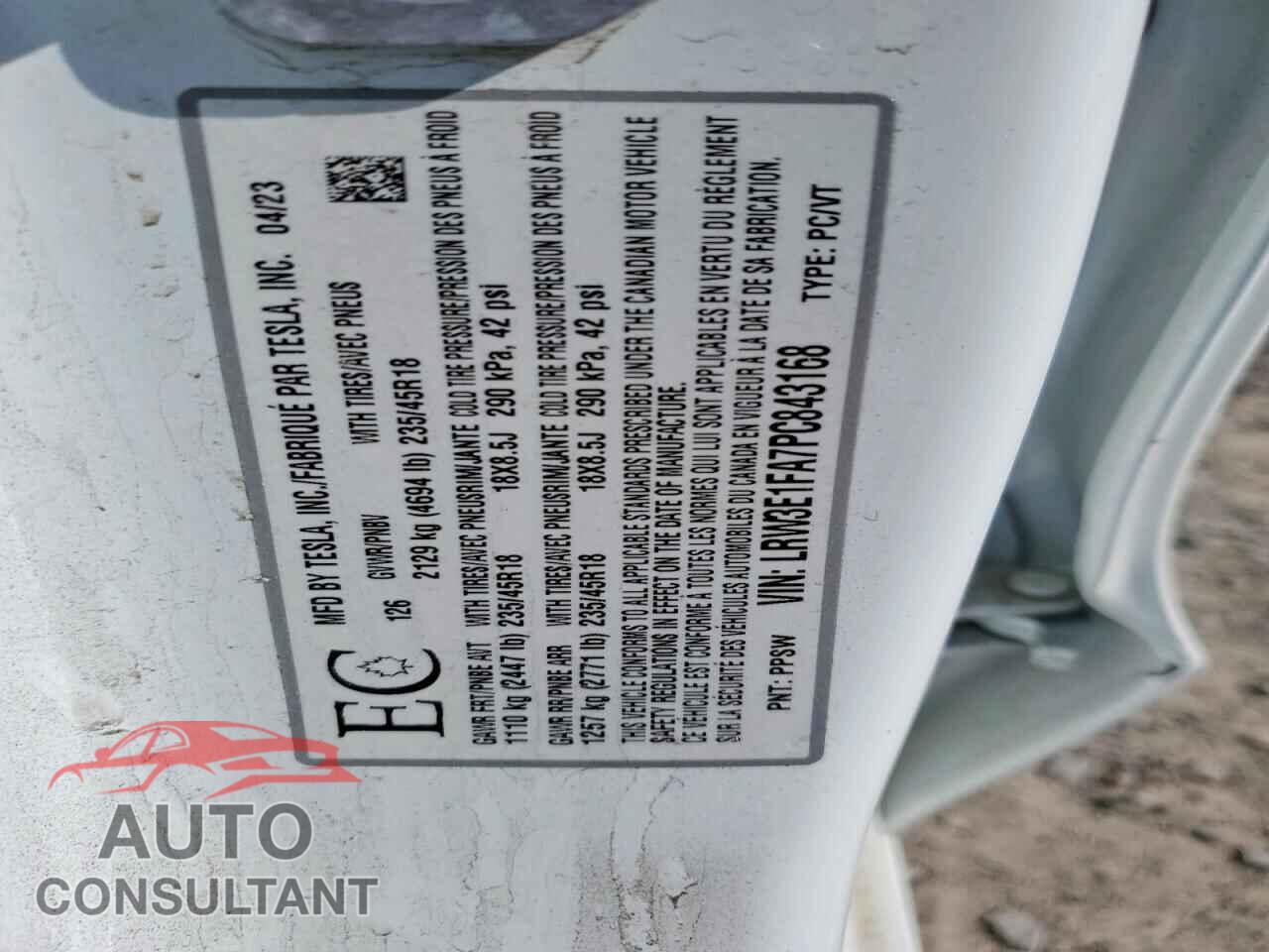 TESLA MODEL 3 2023 - LRW3E1FA7PC843168