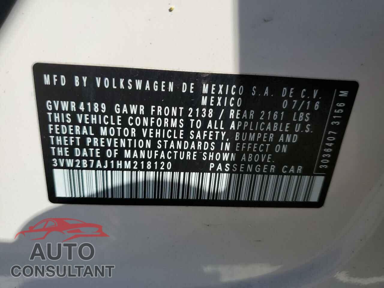 VOLKSWAGEN JETTA 2017 - 3VW2B7AJ1HM218120