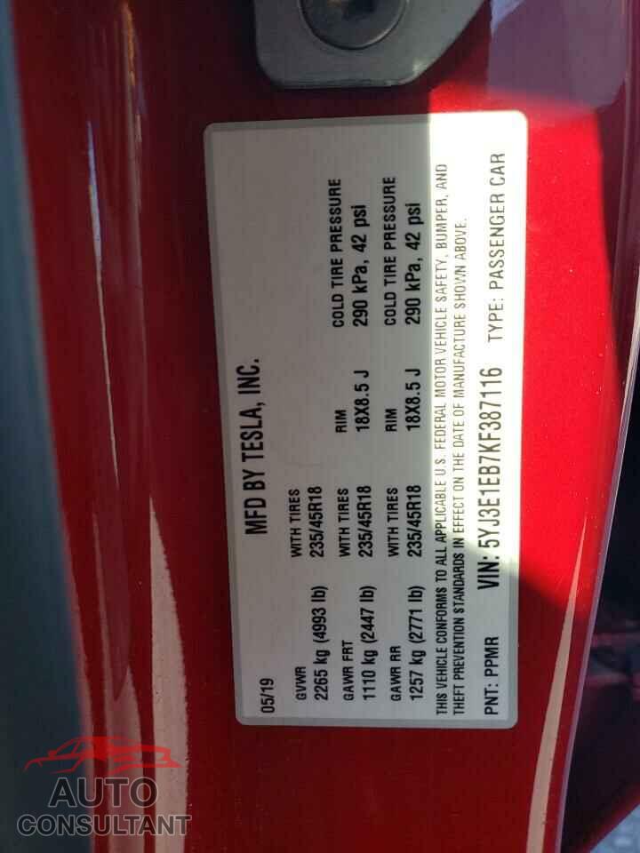 TESLA MODEL 3 2019 - 5YJ3E1EB7KF387116