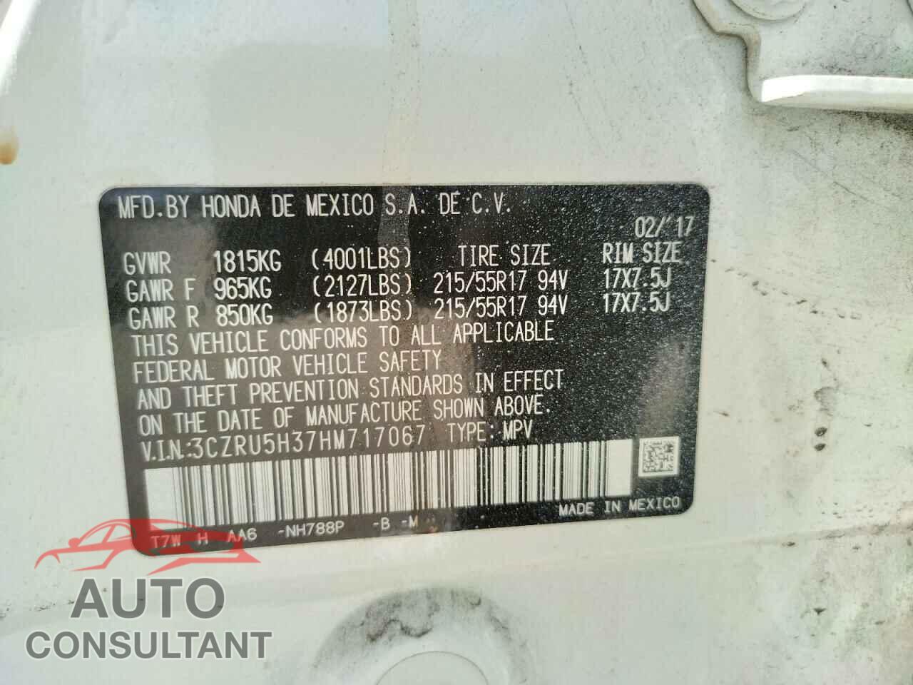 HONDA HR-V 2017 - 3CZRU5H37HM717067