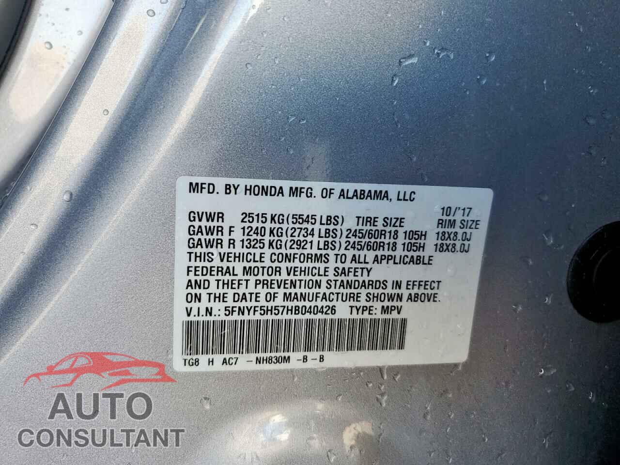 HONDA PILOT 2017 - 5FNYF5H57HB040426