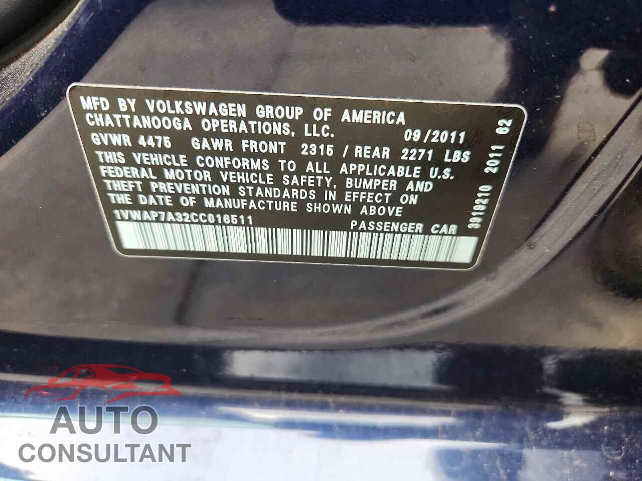 VOLKSWAGEN PASSAT 2012 - 1VWAP7A32CC016511