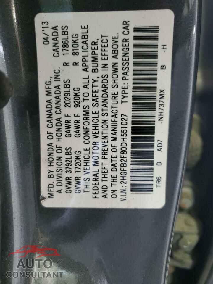 HONDA CIVIC 2013 - 2HGFB2F80DH551027