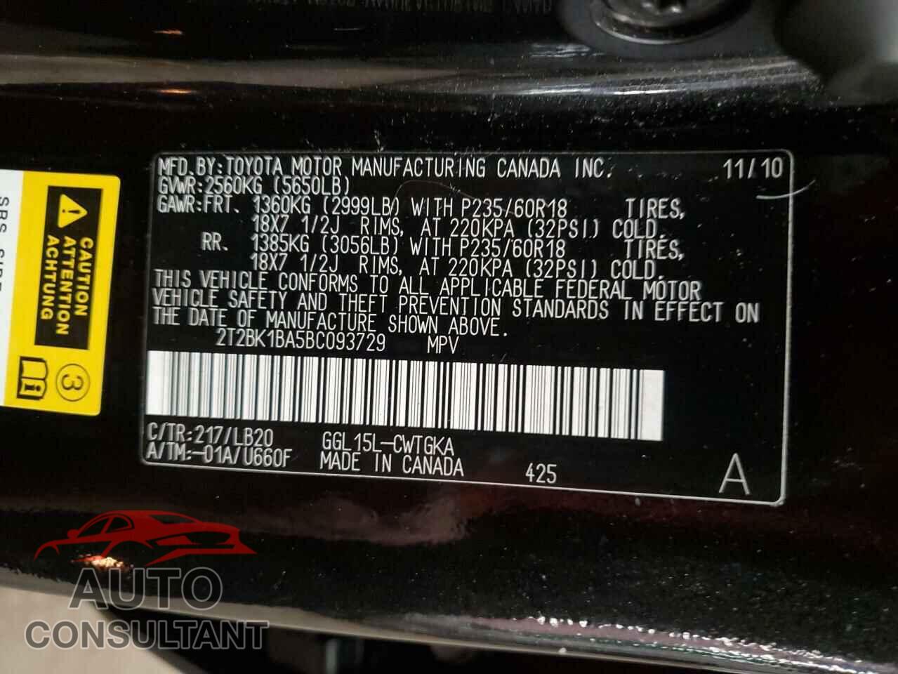LEXUS RX350 2011 - 2T2BK1BA5BC093729