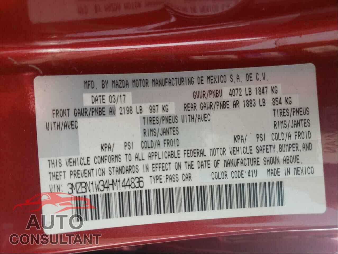 MAZDA 3 2017 - 3MZBN1W34HM144836