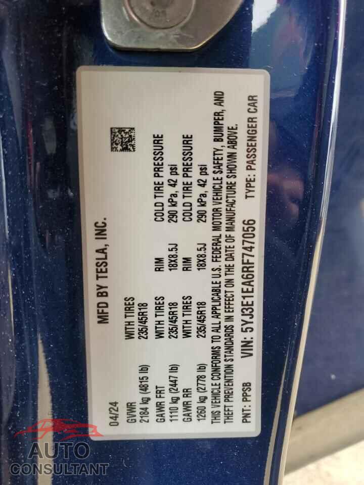 TESLA MODEL 3 2024 - 5YJ3E1EA6RF747056