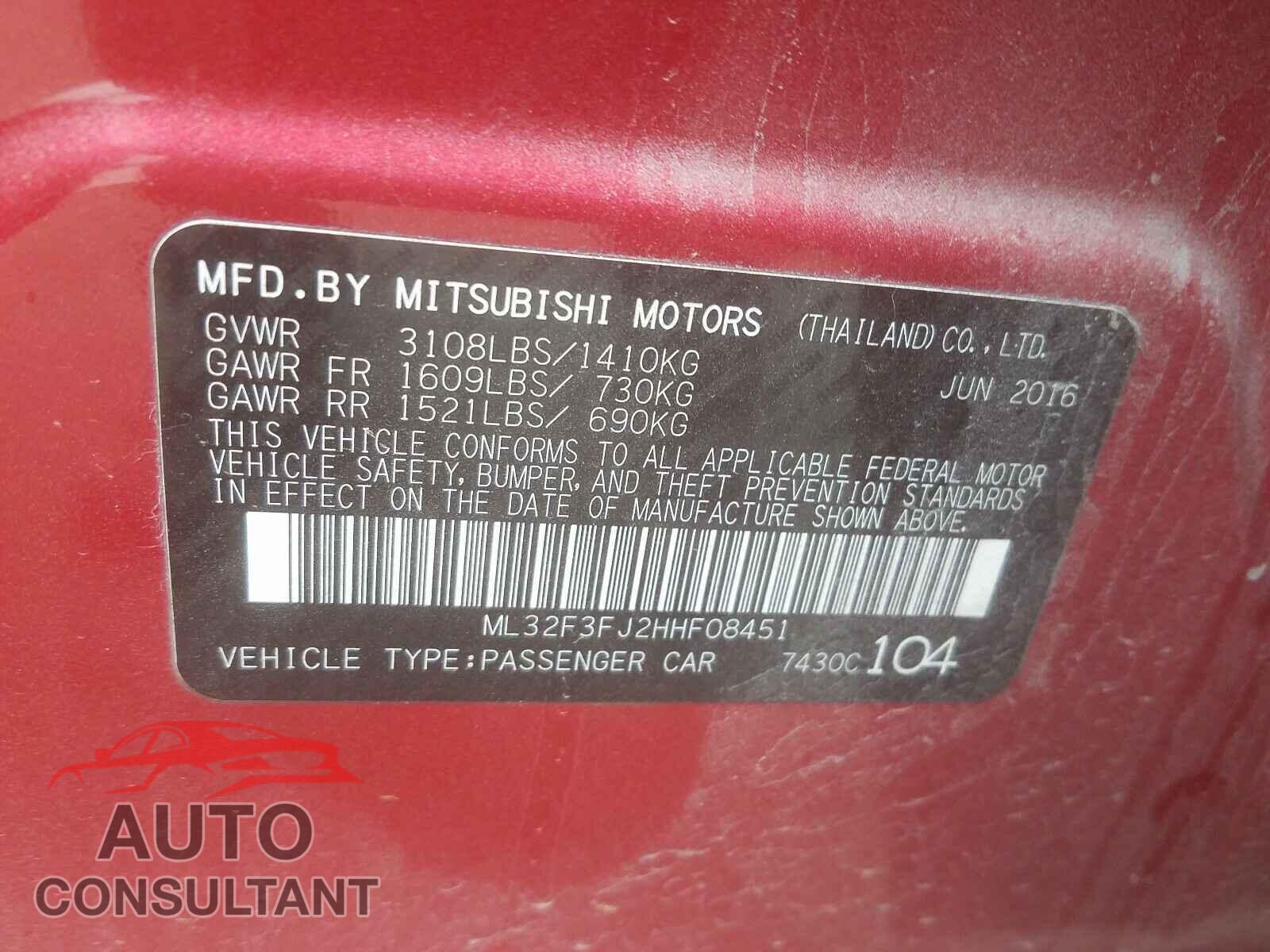 MITSUBISHI MIRAGE 2017 - ML32F3FJ2HHF08451