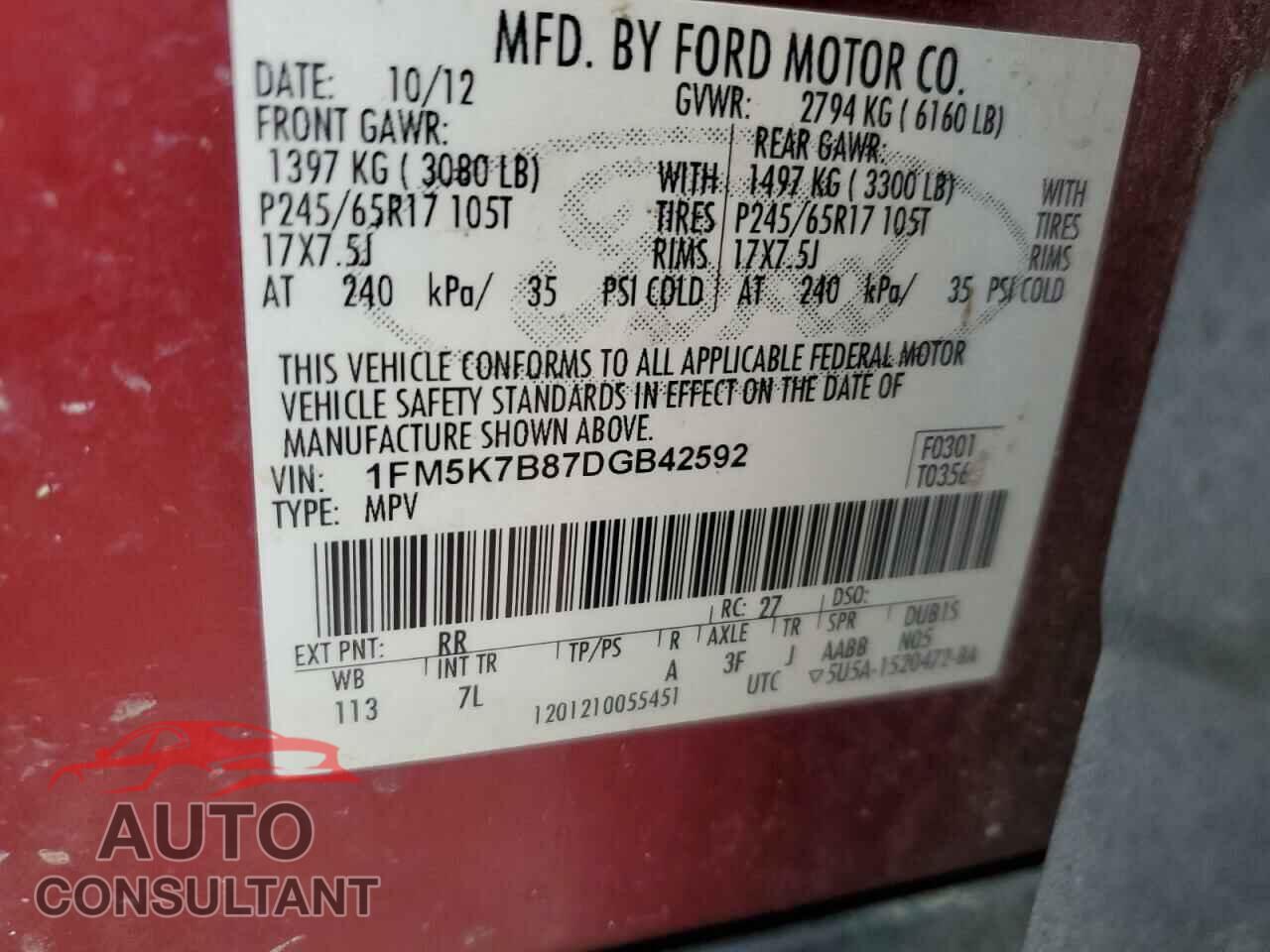 FORD EXPLORER 2013 - 1FM5K7B87DGB42592