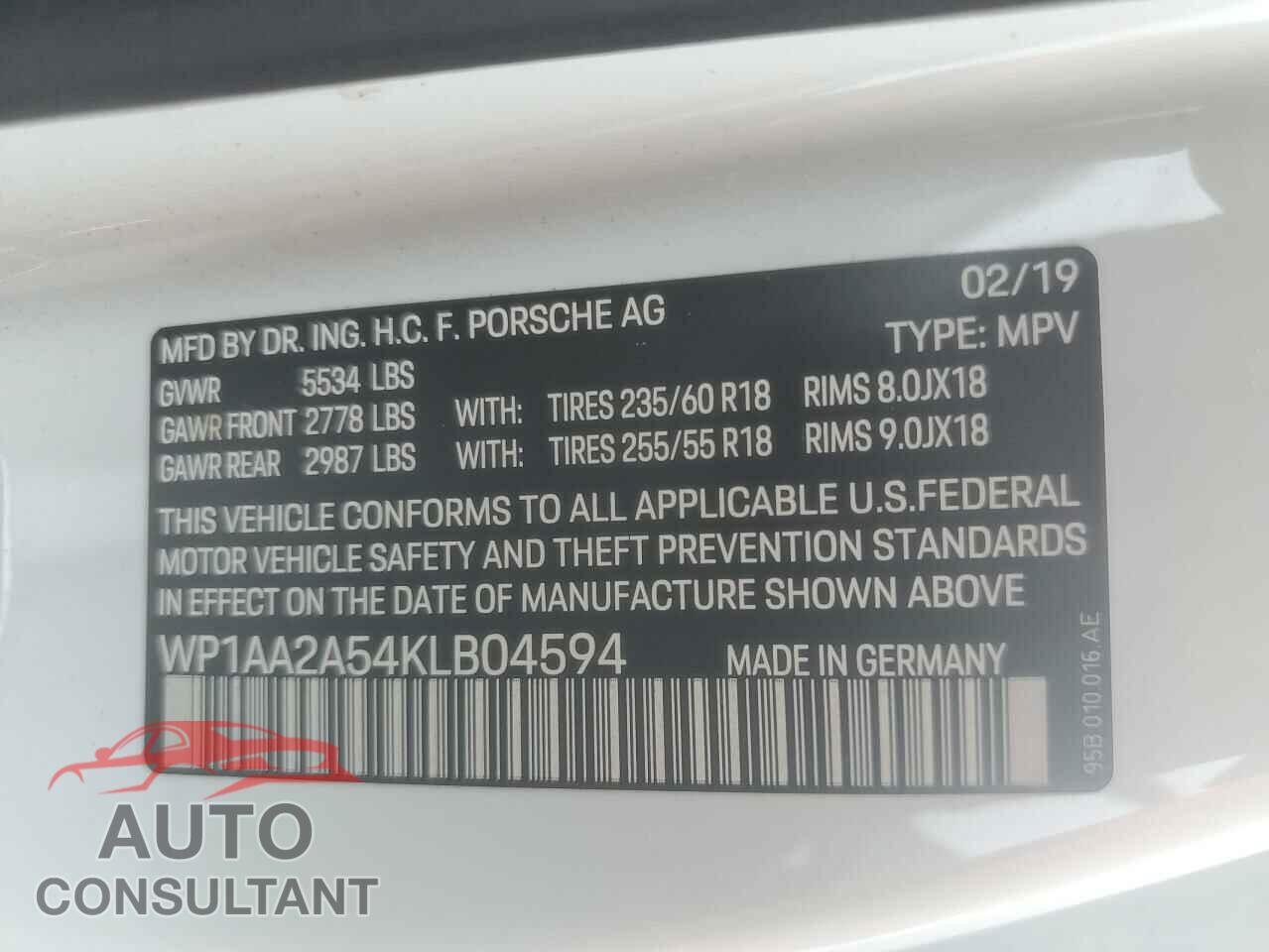PORSCHE MACAN 2019 - WP1AA2A54KLB04594