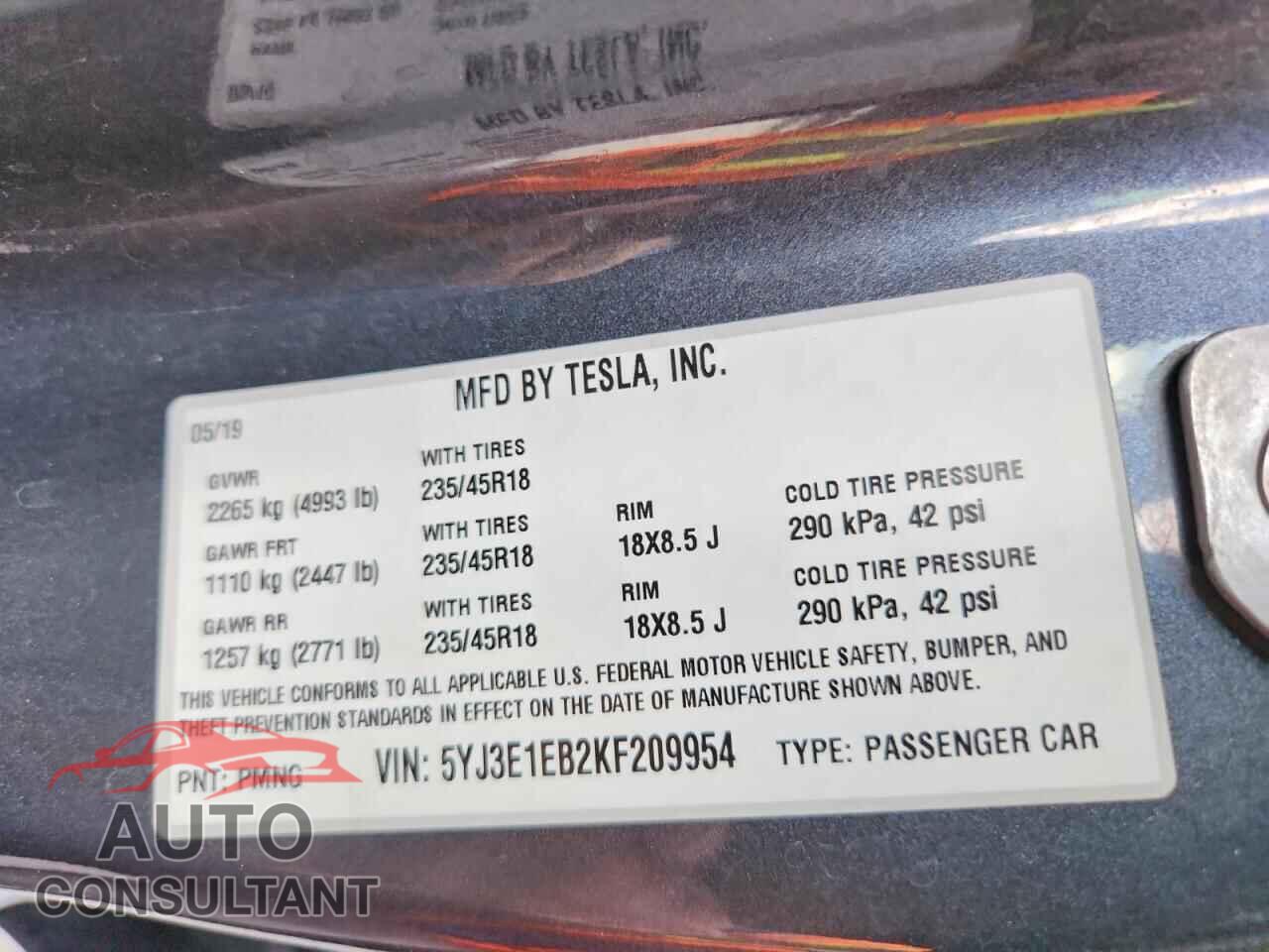 TESLA MODEL 3 2019 - 5YJ3E1EB2KF209954