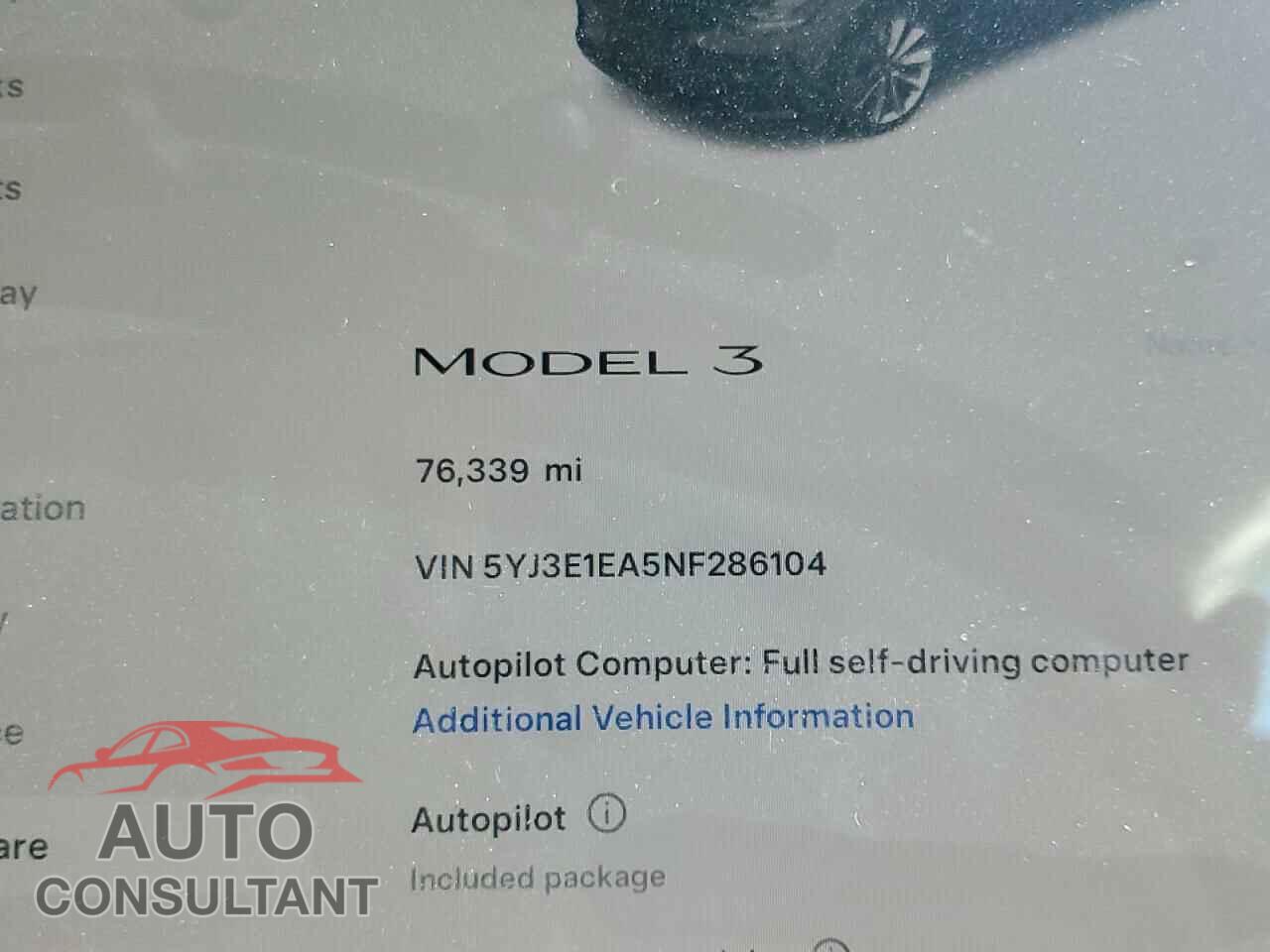 TESLA MODEL 3 2022 - 5YJ3E1EA5NF286104
