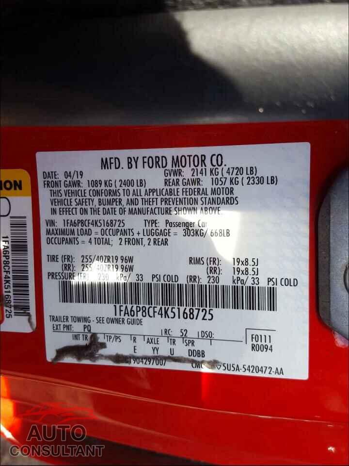FORD MUSTANG 2019 - 1FA6P8CF4K5168725