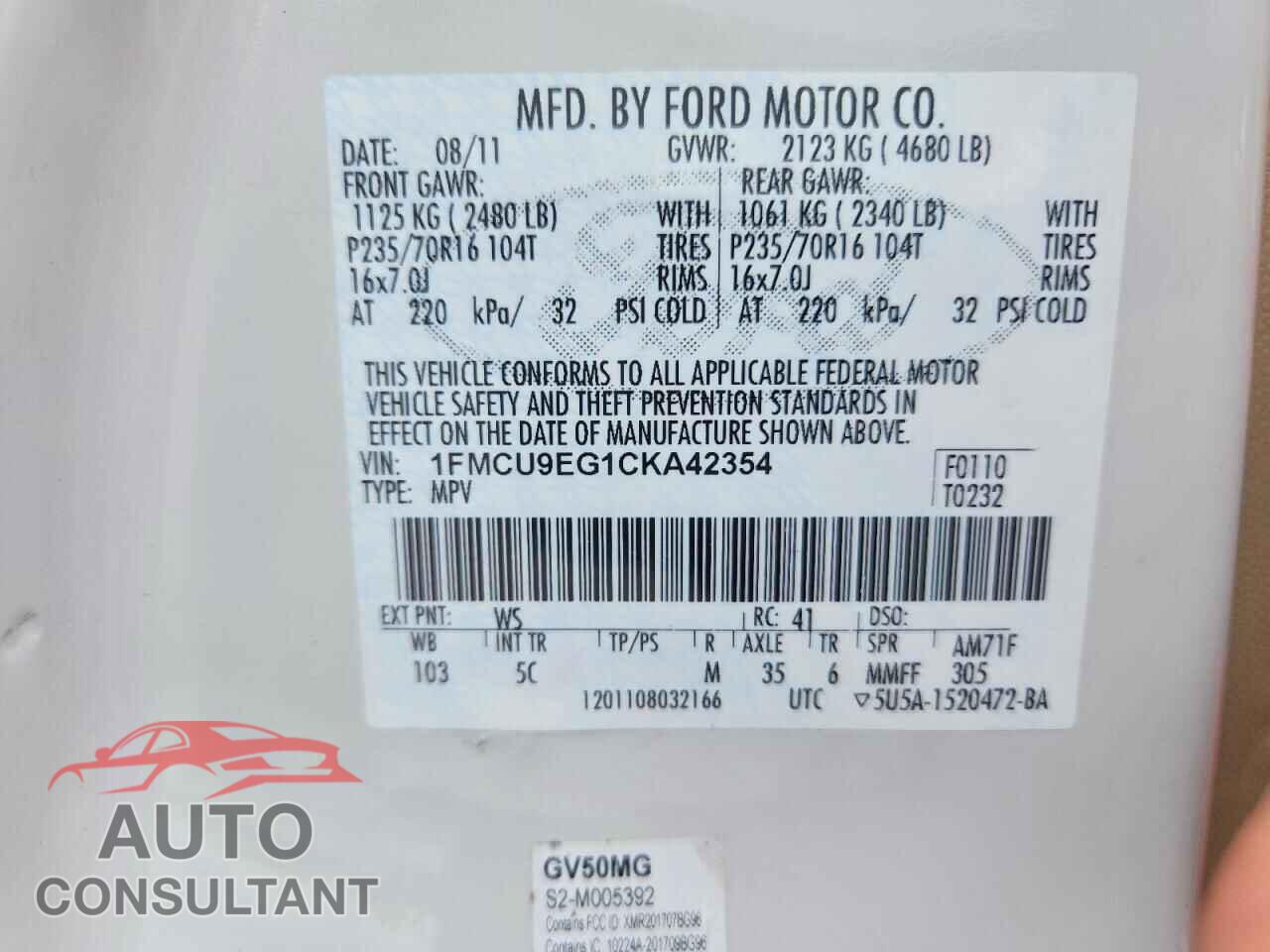 FORD ESCAPE 2012 - 1FMCU9EG1CKA42354