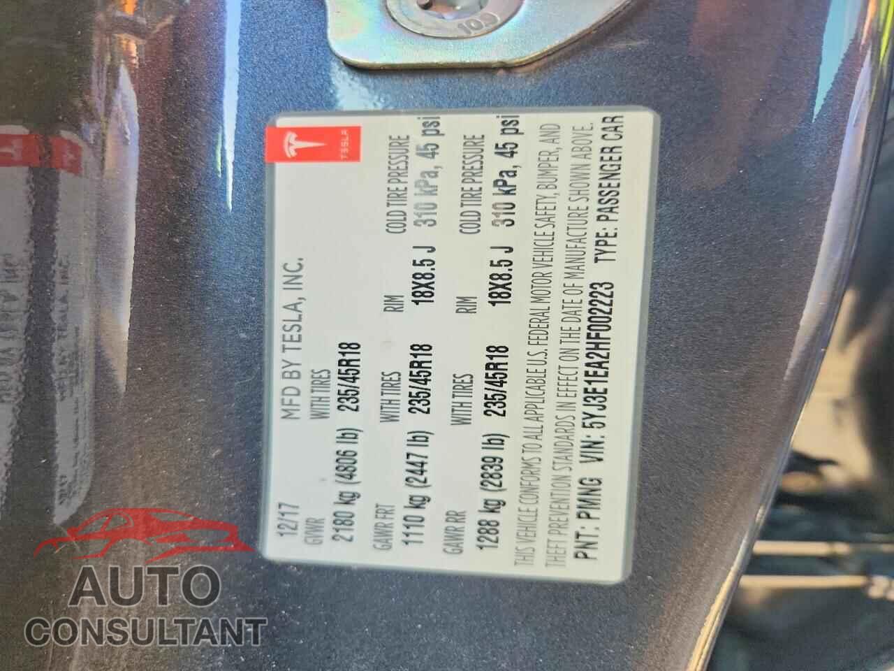 TESLA MODEL 3 2017 - 5YJ3E1EA2HF002223