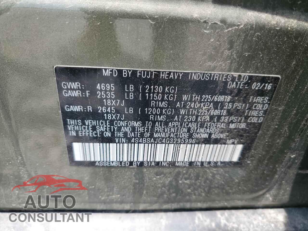 SUBARU OUTBACK 2016 - 4S4BSAJC4G3295996
