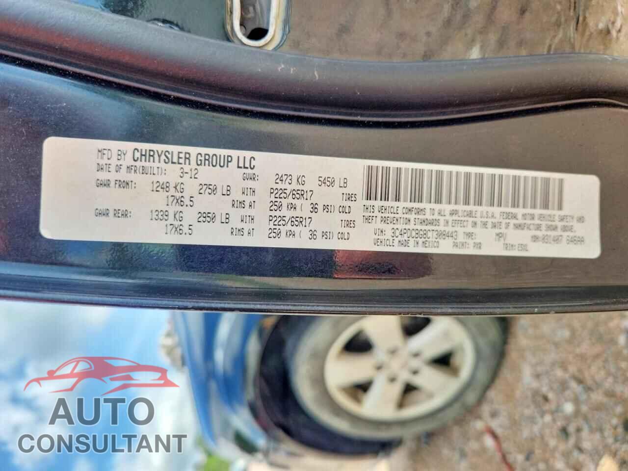 DODGE JOURNEY 2012 - 3C4PDCBG8CT308443