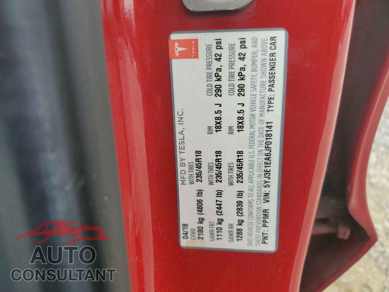 TESLA MODEL 3 2018 - 5YJ3E1EA6JF018141
