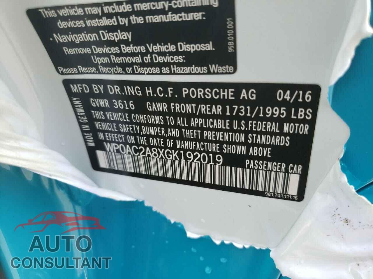 PORSCHE CAYMAN 2016 - WP0AC2A8XGK192019