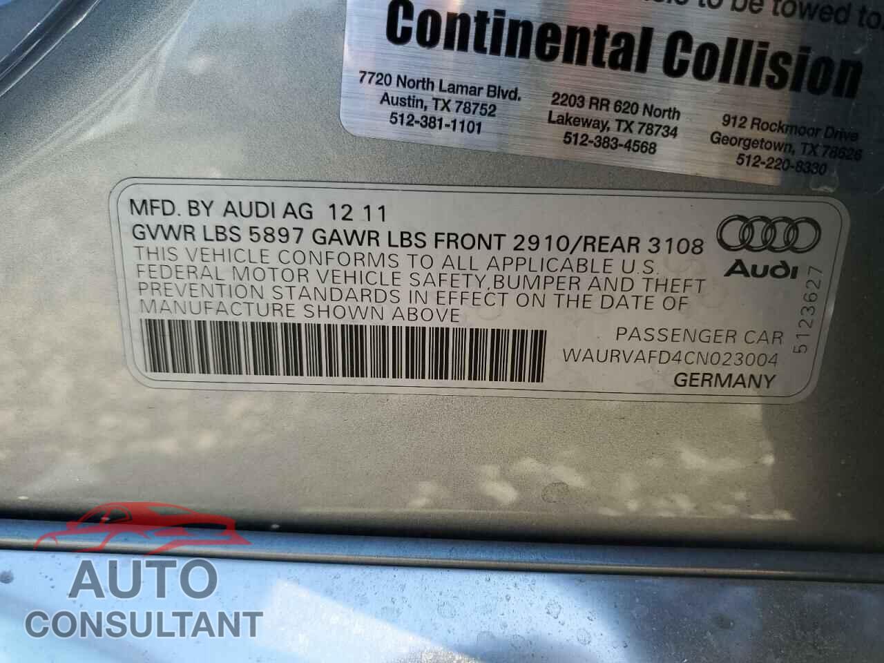 AUDI A8 2012 - WAURVAFD4CN023004