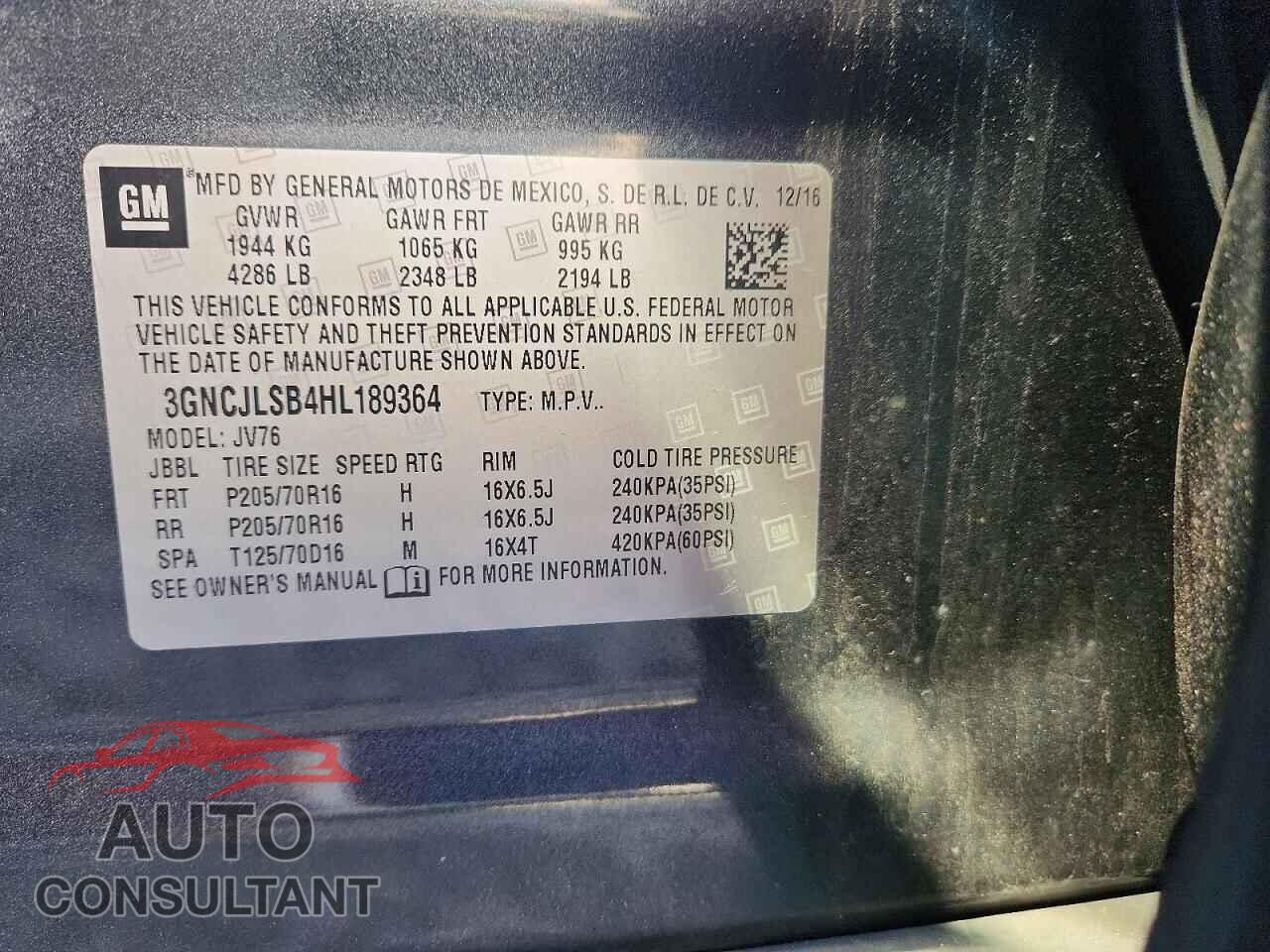 CHEVROLET TRAX 2017 - 3GNCJLSB4HL189364