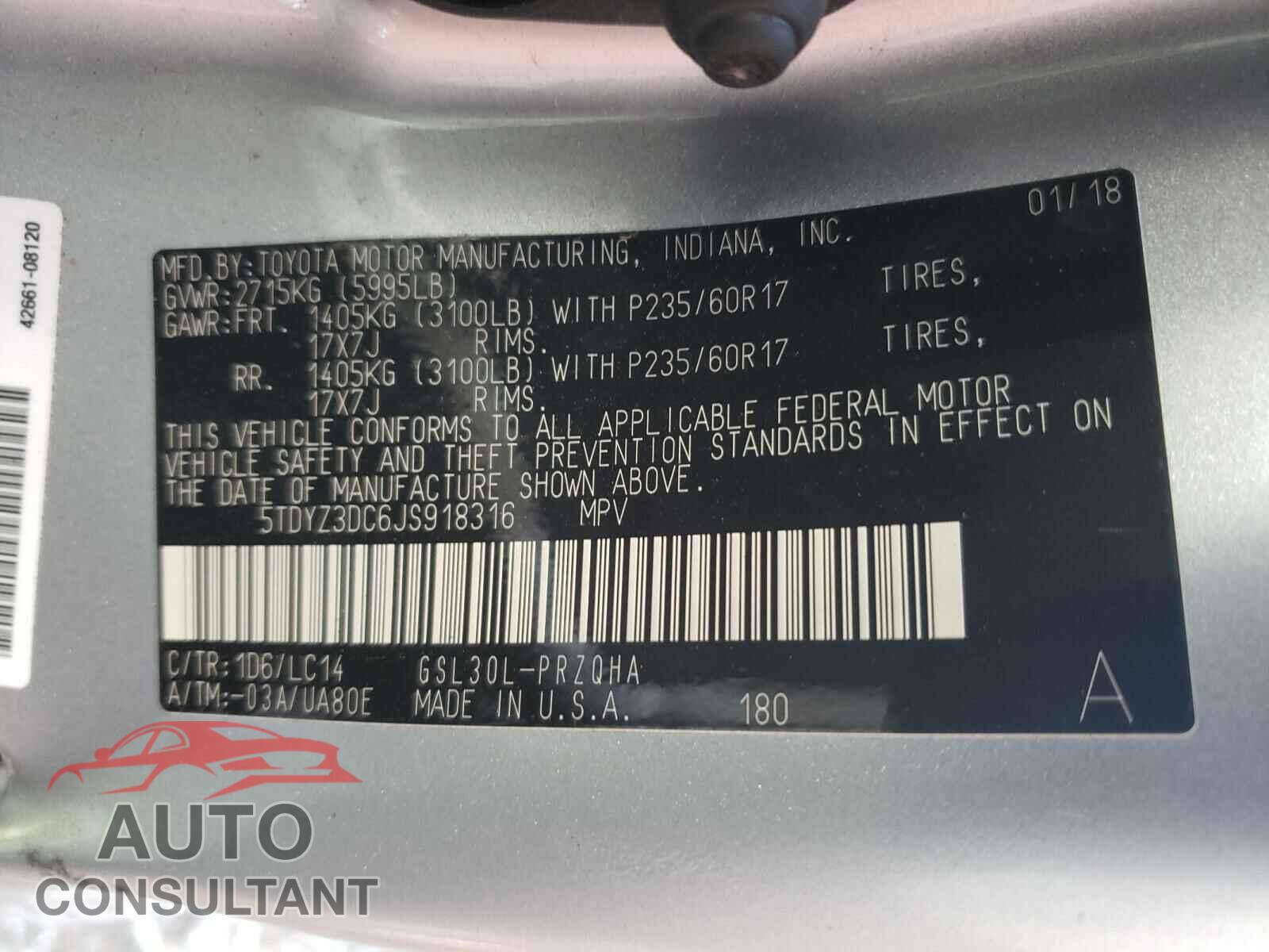 TOYOTA SIENNA 2018 - 5TDYZ3DC6JS918316