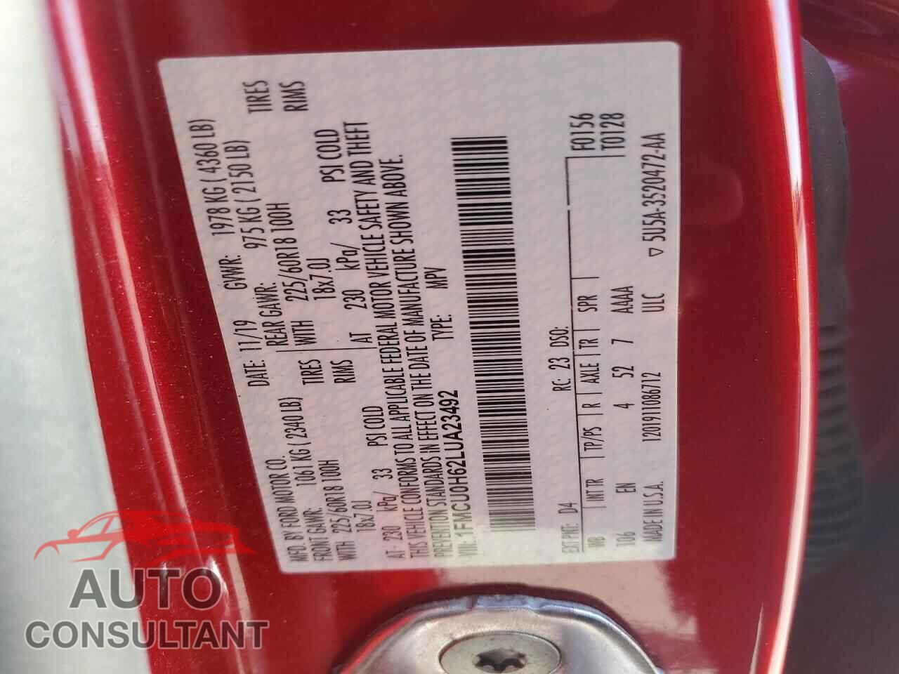 FORD ESCAPE 2020 - 1FMCU0H62LUA23492