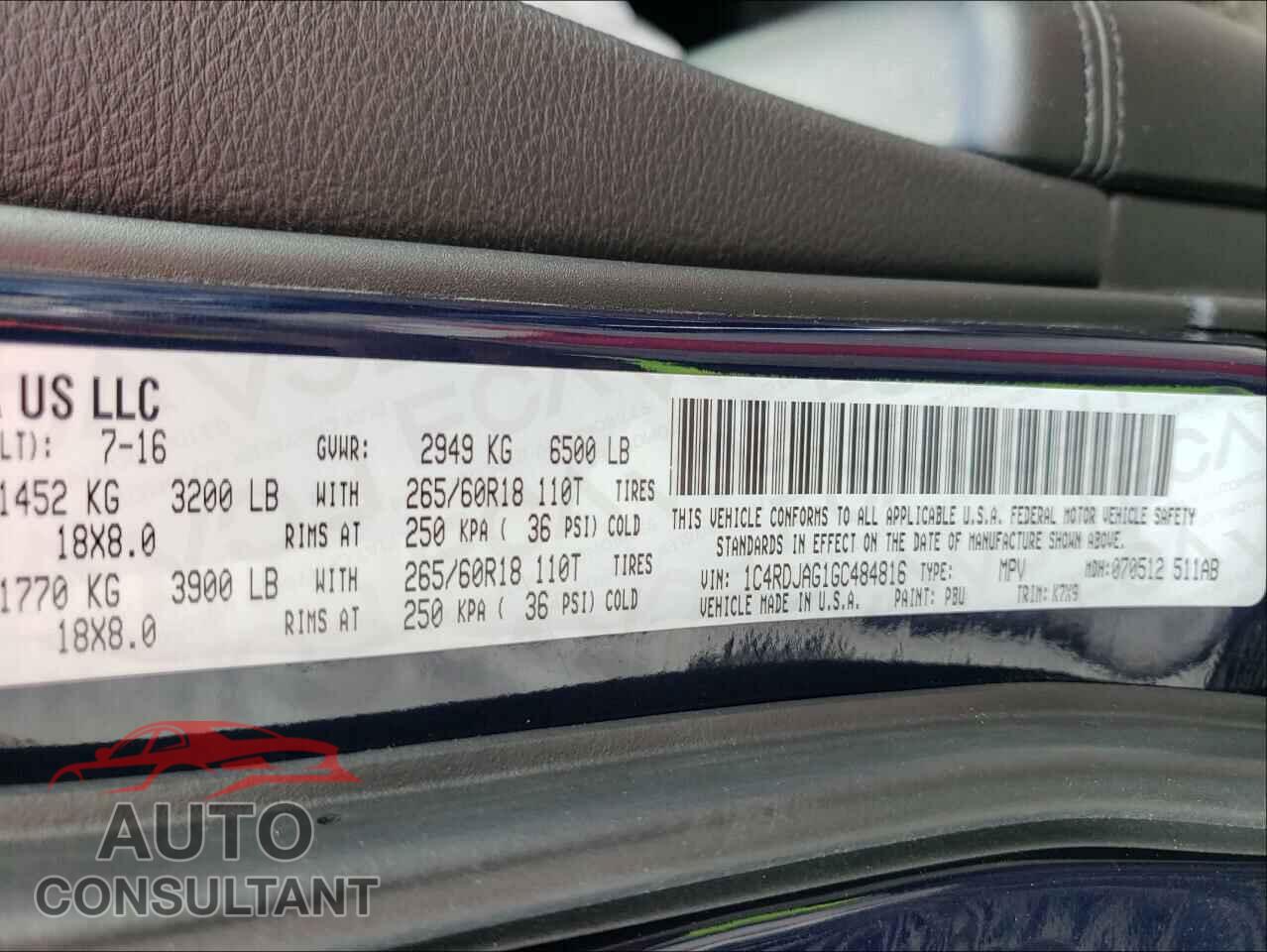 DODGE DURANGO 2016 - 1C4RDJAG1GC484816