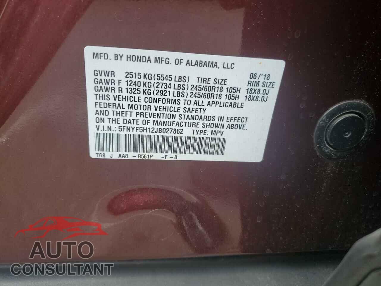 HONDA PILOT 2018 - 5FNYF5H12JB027862