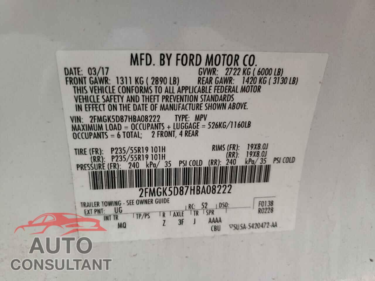 FORD FLEX 2017 - 2FMGK5D87HBA08222