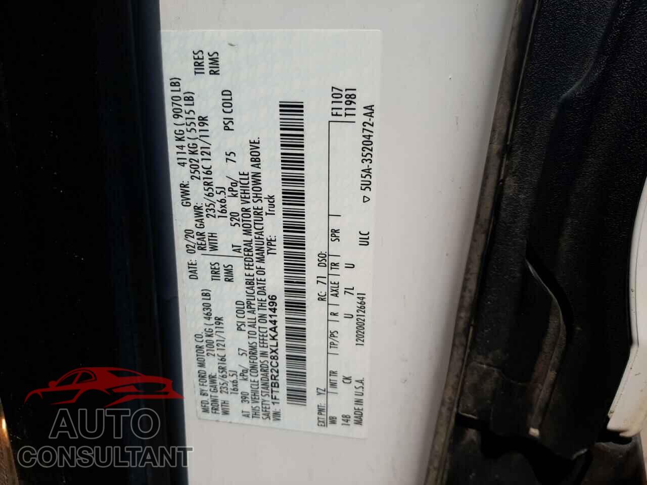 FORD TRANSIT 2020 - 1FTBR2C8XLKA41496