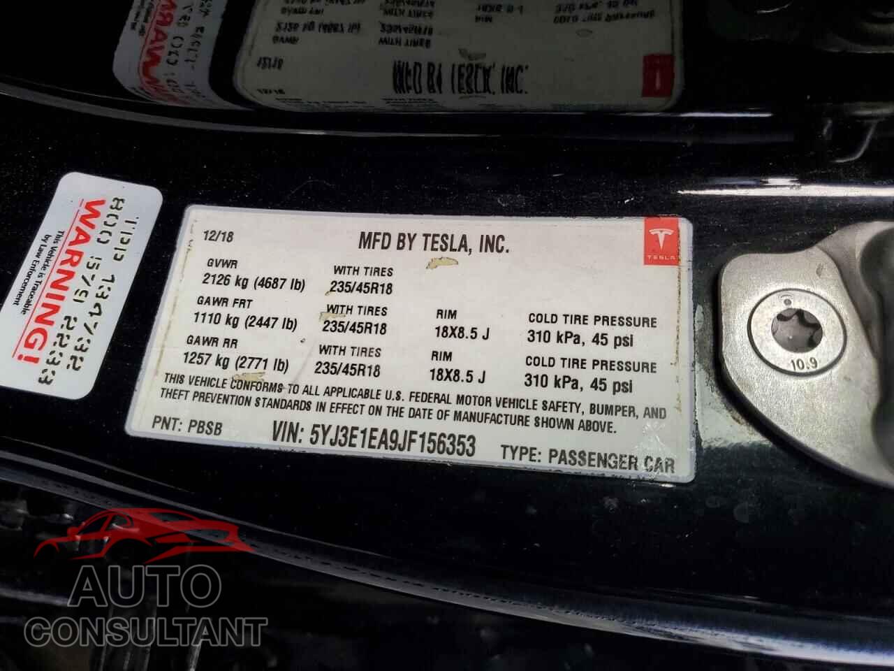 TESLA MODEL 3 2018 - 5YJ3E1EA9JF156353