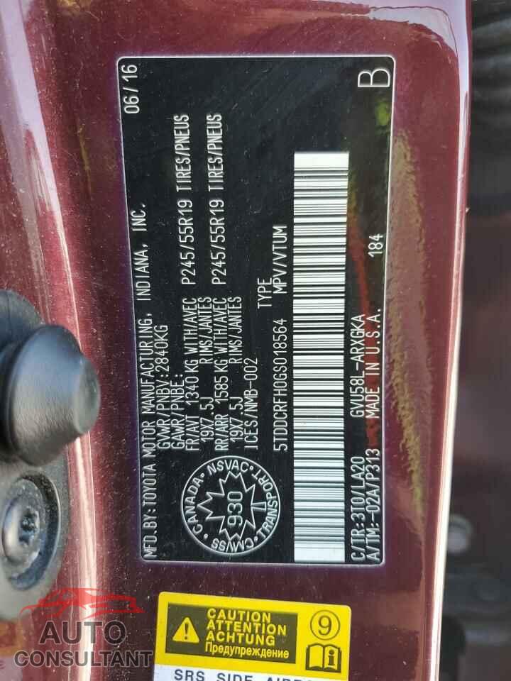 TOYOTA HIGHLANDER 2016 - 5TDDCRFH0GS018564