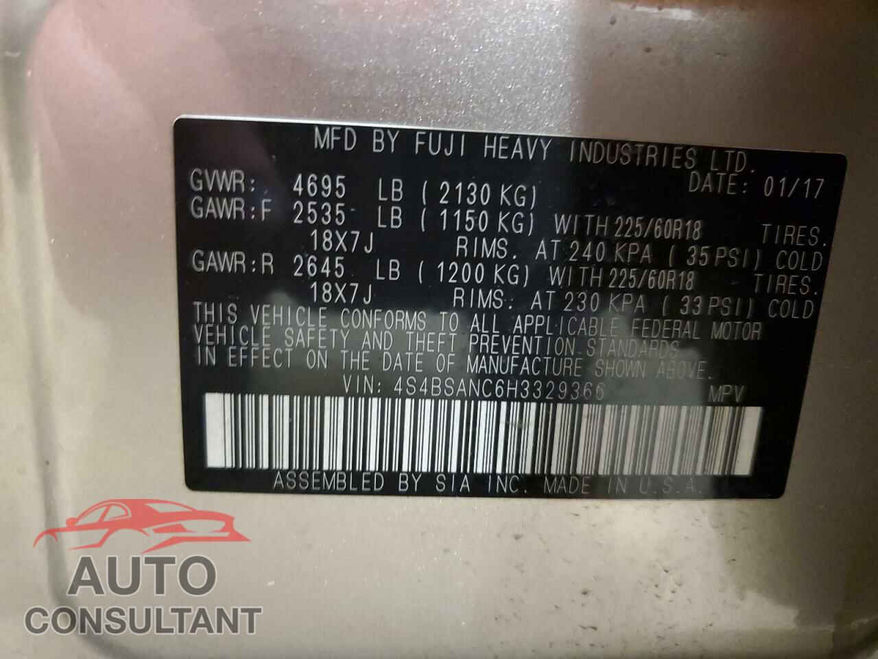 SUBARU OUTBACK 2017 - 4S4BSANC6H3329366