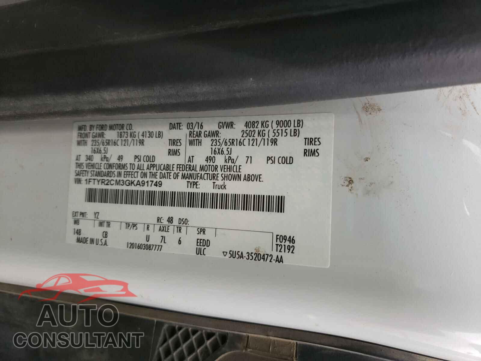 FORD TRANSIT CO 2016 - 1FTYR2CM3GKA91749