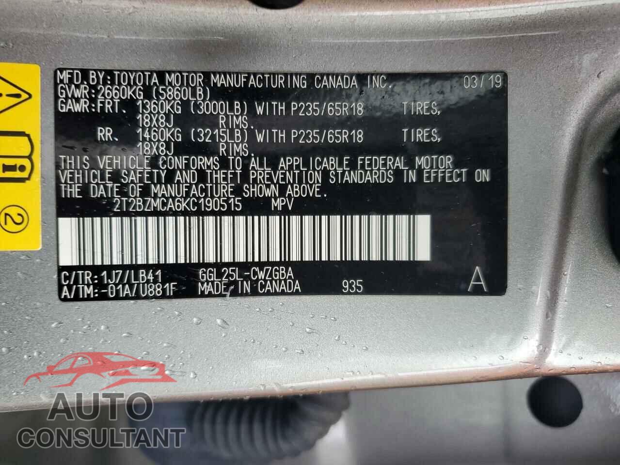 LEXUS RX350 2019 - 2T2BZMCA6KC190515