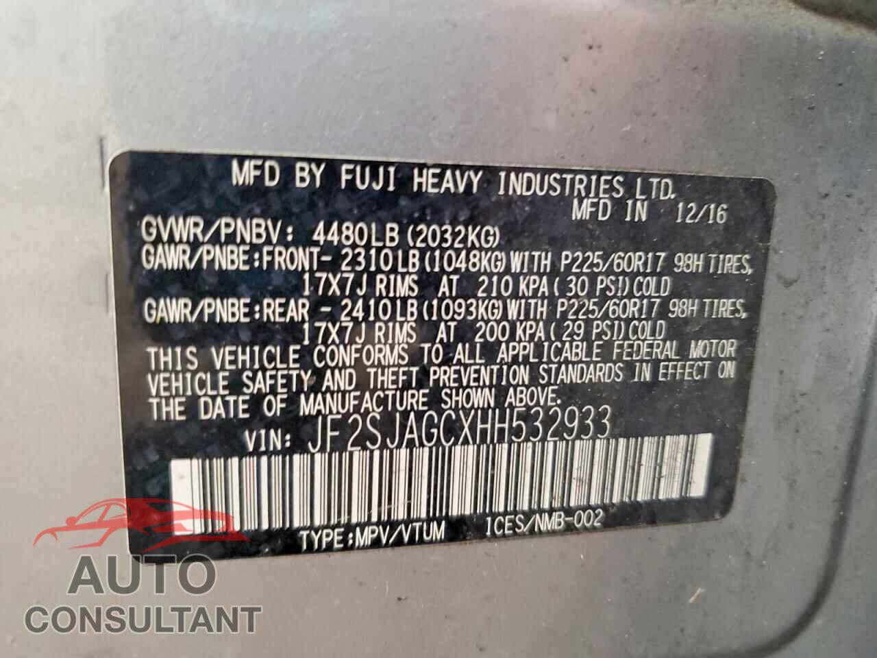 SUBARU FORESTER 2017 - JF2SJAGCXHH532933