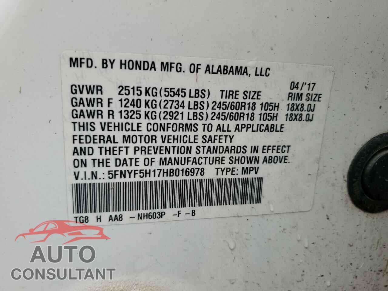HONDA PILOT 2017 - 5FNYF5H17HB016978