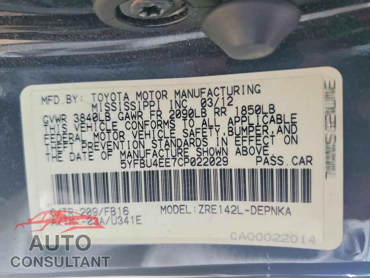 TOYOTA COROLLA 2012 - 5YFBU4EE7CP022029