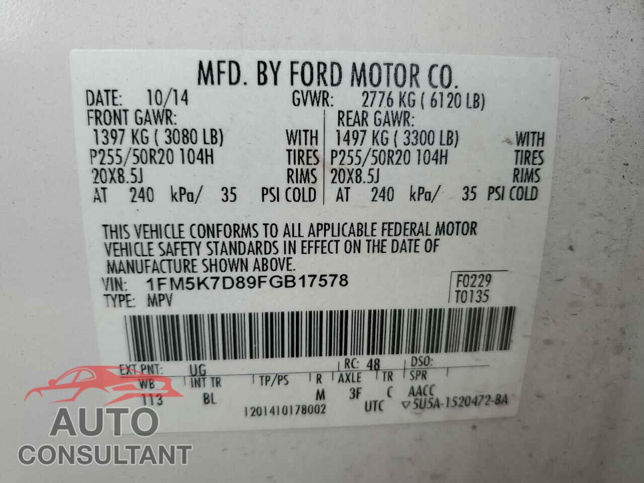 FORD EXPLORER 2015 - 1FM5K7D89FGB17578