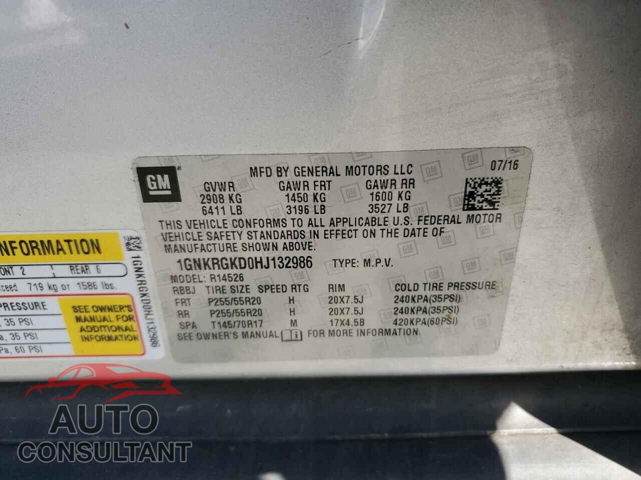 CHEVROLET TRAVERSE 2017 - 1GNKRGKD0HJ132986