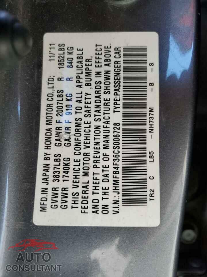HONDA CIVIC 2012 - JHMFB4F36CS006728