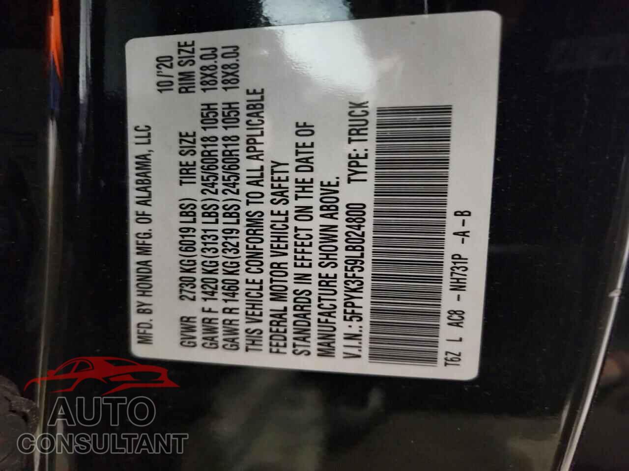 HONDA RIDGELINE 2020 - 5FPYK3F59LB024800